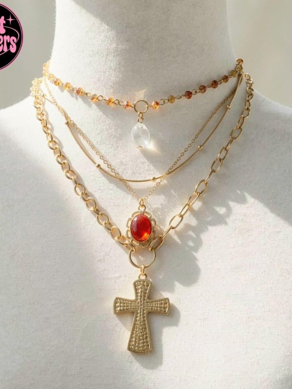 4 pcs set Gold layered necklace with cross pendant , beaded and faux peal detail